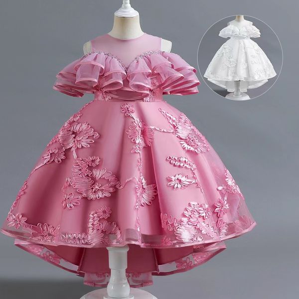 Girl di fiori in pizzo rosa a buon mercato Bows First Communion Princess Princess Tulle Ball Abito da matrimonio Abito da festa in rilievo abiti da compleanno 403