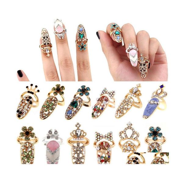 Nail Art Dekorationen Bowknot Ring Charme Krone Blume Kristall Fingerringe für Frauen Dame Strass Fingernagel Schutz Mode Je Dhhoh