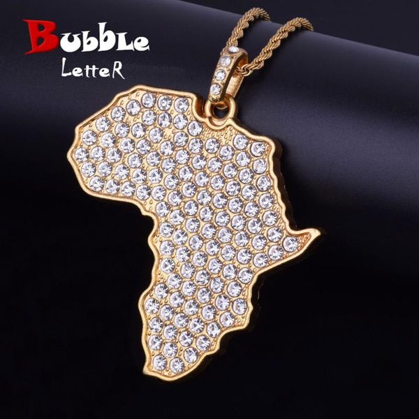 Cadeias Africa Map Map Colar Bling Rhinestone Crystal Gold Color Hip Hop Pingente Chain For Men/Women Gift African Jewelry Fashion