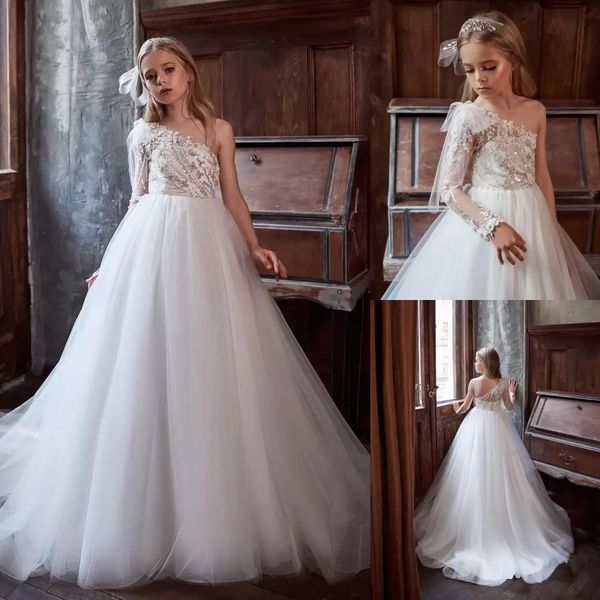 Pretty One ombro Flower Girls Vestra uma linha branca Long Criandler Primeira Comunh￣o Vestidos de Comunh￣o Bling Tulle Tule Wedding Party Dress