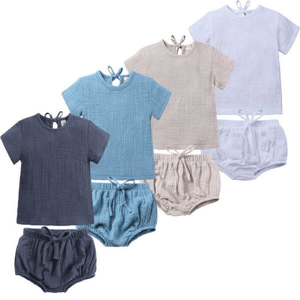 Set di abbigliamento Novità Neonati maschi Vestiti per ragazze Set di lino in cotone Colore solido Pullover con lacci Maglietta Pantaloncini con cintura Abiti per bambini M