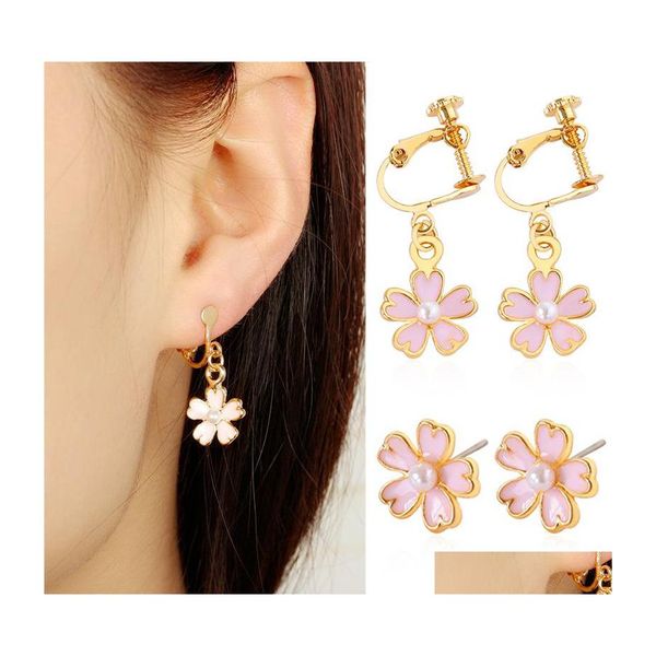 Charm kleine frische Tropfen Öl rosa Kirschblüten Perlenohrringe koreanische Version fünfblättrige Blumen Ohrclips. Drop-Delivery-Schmuck Dhh1V