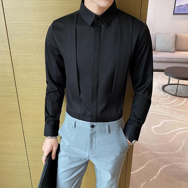 Camicie casual da uomo Plus Size 5XL-M Nero/Bianco Fashion Fold Design Tuxedo 2023 Camicia da uomo slim fit a maniche lunghe Social Party Tops