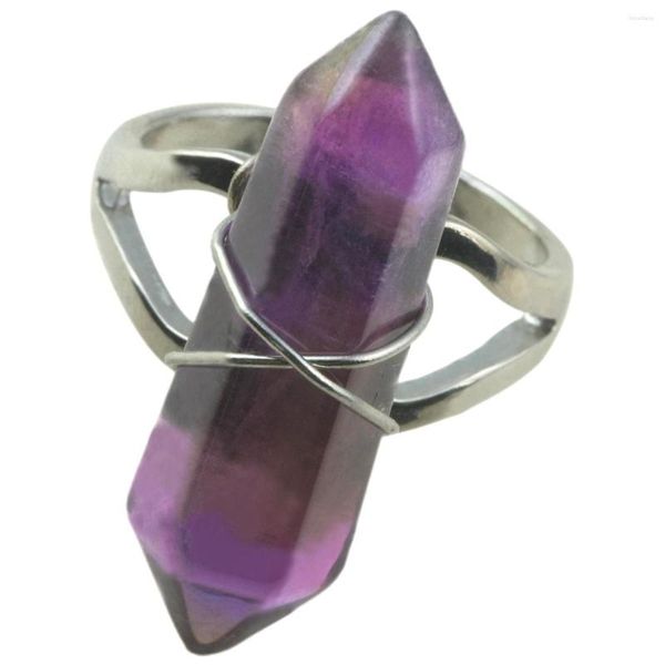 Cluster-Ringe, natürlicher Amethyst-Kristall, Sechseck-Prisma, spitze Kegelform, Retro-Silberfarbe, Legierung, Drahtkreuz, Bündelungsring, Reiki-Energie