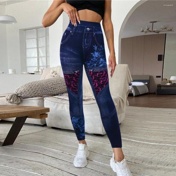 Leggings femininas imitação elástica sexy jeans falsos calças de cintura alta fitness slim leggins mujer 2023 esportes push up for women