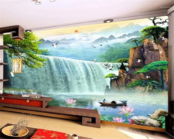 Tapeten 3D Home Wallpaper Großer Wasserfall Fliegender Vogel Lotus Schöne Landschaft Dekorative Umweltschutz Wandpapier1