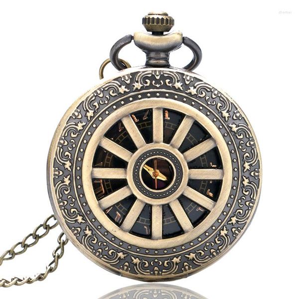 Карманные часы ретро бронзовые полые колеса часы для мужчин женщин с римским номером на циферблат колье для колье с кусочками