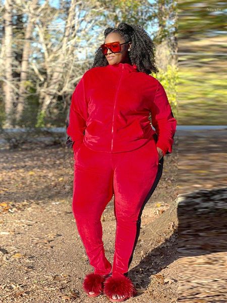 Tute Donna Abbigliamento Tuta Vestito rosso sexy Felpe con cappuccio e pantaloni a maniche lunghe Velour Taglie forti Set Two Peice Urban Streetwear