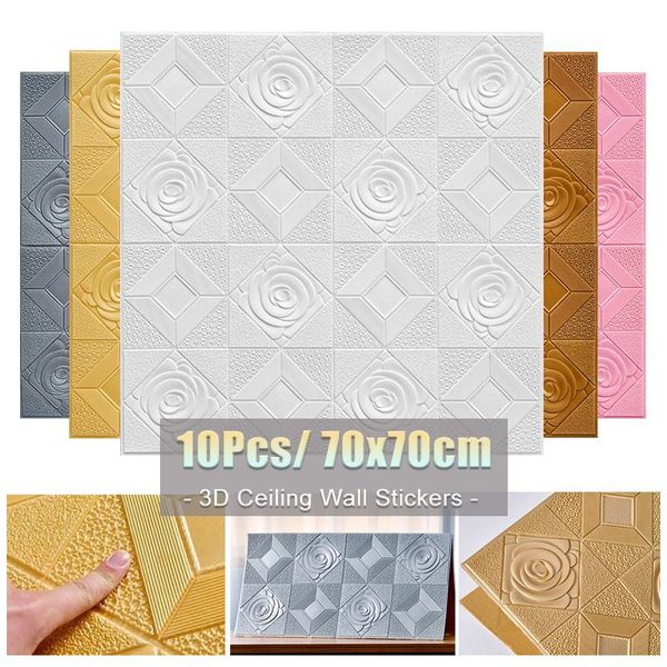 Carte da parati 10Pcs 3D Autoadesivo della parete del pannello Soffitto Rose Pattern Impermeabile Schiuma a prova di umidità Wallpaper Living Room Decor