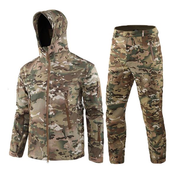 Conjuntos de jaqueta de camuflagem dos homens dos homens ao ar livre pele de tubarão casca macia blusão à prova dwaterproof água caça roupas conjunto militar tático roupas