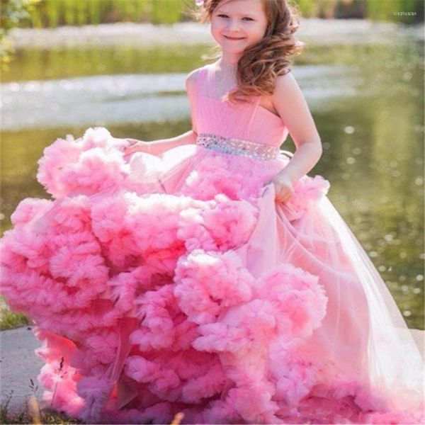 Kız Elbiseler Pembe Tül Balo Elbise Çiçek Kızlar Kolsuz V Yağlar İçin Düğünler İçin Katmanlı 3D Çiçek Çiçekleri Dantel Pageant PartyDresses