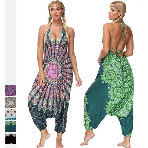 Pantaloni attivi Tute stampate bohemien Donna Estate Senza maniche Cravatta senza schienale Cavallo basso Spiaggia Harem Casual Hippie Boho Yoga Sarong