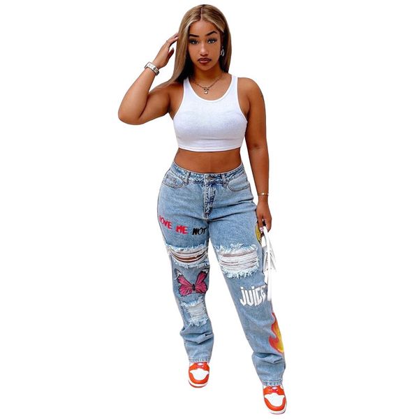 Women's Jeans Designer Fashion Luxury Top Quality S Women Jeans Heart Print Denim Cut Out Distressed For Baddie Clothes Streetwear High Waist Baggy Pants Blue
