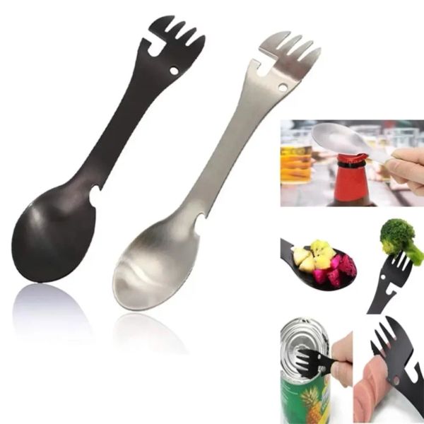 Apribottiglie multiutensile in acciaio inossidabile cucchiaio posate multiutensile forchetta stoviglie campo posate da picnic spork portatile nuovo