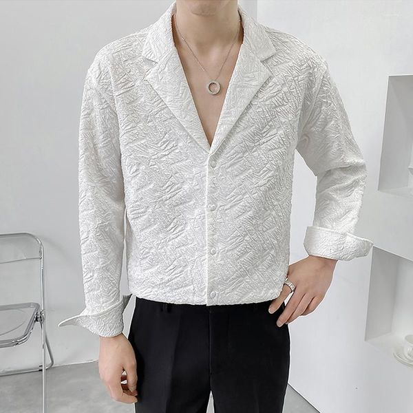 Camicie casual da uomo Camicia jacquard di alta qualità a maniche lunghe da uomo con scollo a V bianco nero Camicia da smoking sociale sexy da uomo chemise