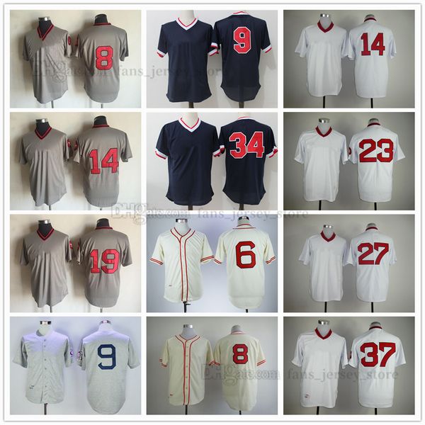 Filme College Vintage Baseball Jerseys Costurado 6 Pesky 8 Yastrzemski 9 Williams 14 Rice 19 Bradley Jr 23 Shaw 27 Fisk 34 Ortiz 37 Lee Esporte Respirável