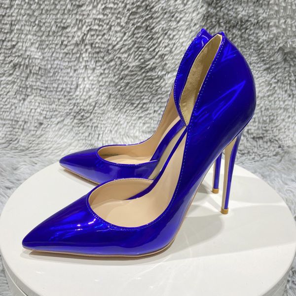 Solid Glossy Royal Blue Women Schuhe Mody Red Bottom Ladies Side Cut Pointy Toe High Heel Schuhe elegante Stilettopumpen f￼r Anzug Party Show Hochzeitsschuhsandalen Sandalen