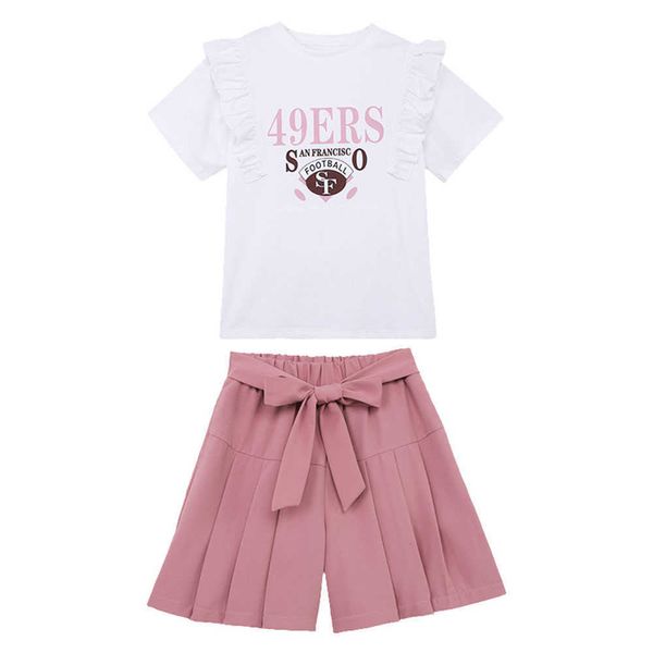 Imposta vestiti estivi per bambini Ragazze adolescenti Abbigliamento casual Bambini T-shirt bianche e fiocco Pantaloncini carini Abiti Adolescenti Costumi dolci Y