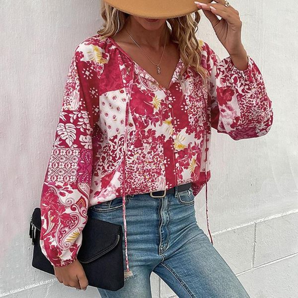 Blouses femininas Mulheres Blusa Mulheres Vermelho Contraste Color Flower Print Lace Up Strap Lanterna Mangas compridas Holas Hold Out Lady Camisetas Top feminino