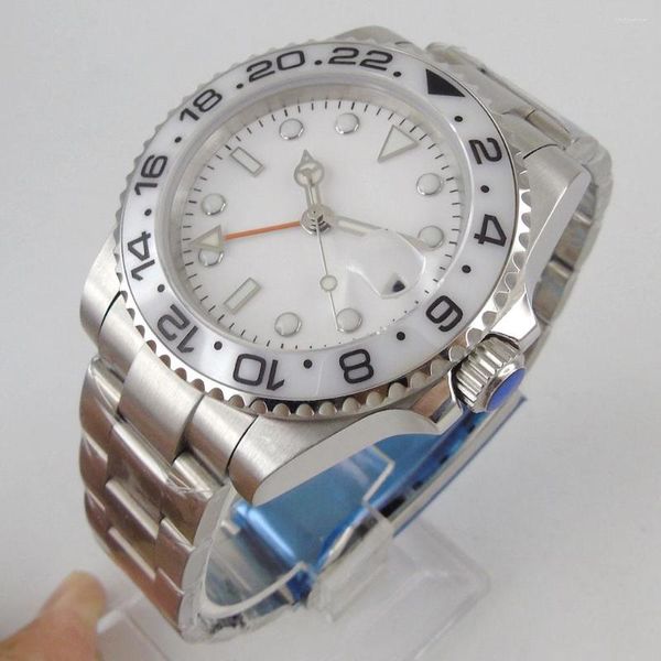 Armbanduhren 40mm Marke Weiß GMT Mechanische Herrenuhr Stahl Gebürstetes Armband Schraubkrone Saphirglas mit Lupe