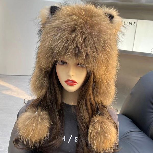 Vero procione di pelliccia di raccoon Cappello russo Cappello Hunter Cappello inverno Caldo Cap Capillino Flap