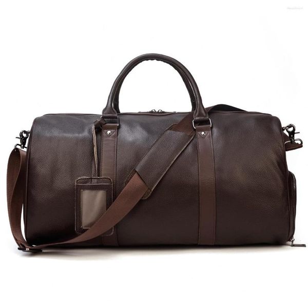 Duffel Bags Men's Vintage Leather Travel Bag Gym com Posição de sapato Cilindro Tote Mensageiro Round Bucket Outdoor