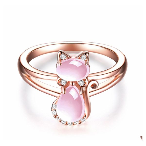 Cluster Anneaux Rose Cristal Chat Anneau Dames Mignon Chaton Pet Sier Bijoux Anniversaire Vintage Or Rose Quartz Drop Delivery Dhj1H