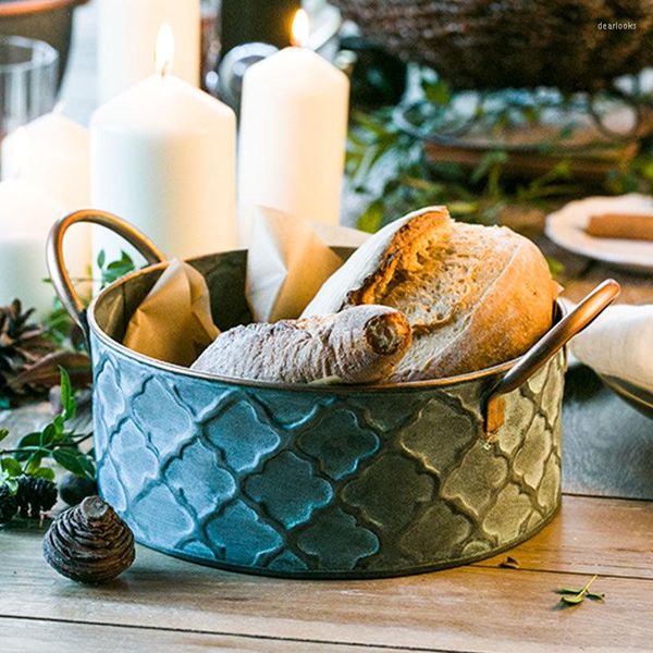 Set di stoviglie in ferro Cestino per il pane Vassoio per la cena con manico Ciotola grande Contenitore per la conservazione della famiglia antico retrò Decorazione per pollo fritto 1 pz