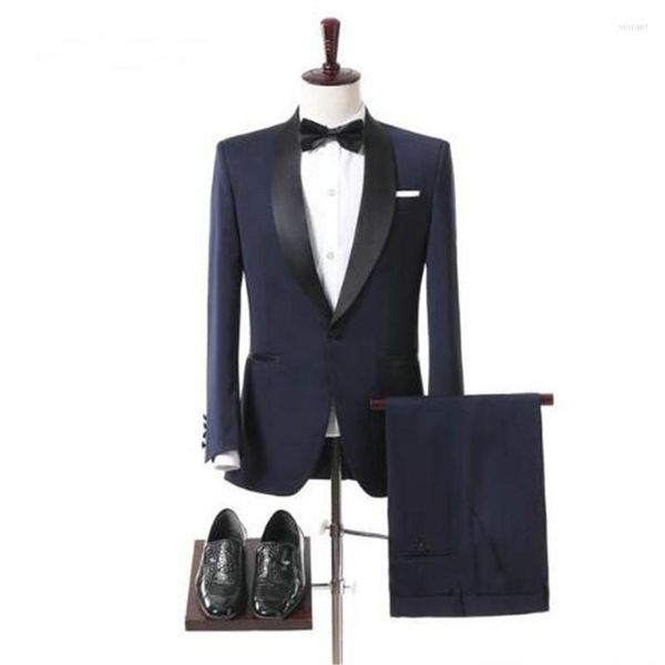 Abiti da uomo blu navy con risvolto sciallato nero uomo per matrimonio 2 pezzi (giacca pantaloni cravatta) smoking da sposo slim fit ultimo design blazer