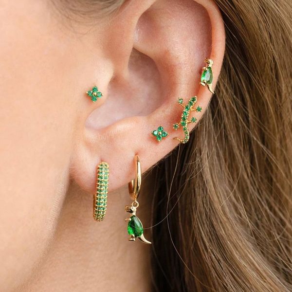 1PC in acciaio inossidabile con zirconi di cristallo verde piccolo orecchino a cerchio per le donne orecchini a bottone per le orecchie unici gioielli per piercing alla cartilagine