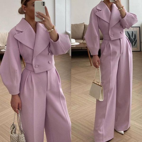 Calças de duas peças femininas 2023 Mulheres elegantes Terno de lã Autumn Winter Coat Lantern Sleeve Jacket Wide Leg Fashion 2 Sets Windbreakers