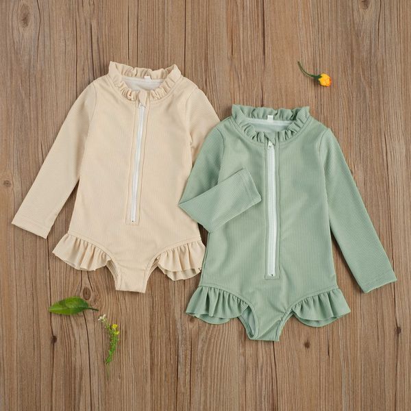 Kleidungssets Niedlicher Sommer-Kleinkind-Baby-Mädchen-Langarm-Badeanzug Einfarbiger Rüschen-Reißverschluss-Rashguard-Badebekleidung Badeanzug Säuglings-Strandbekleidung