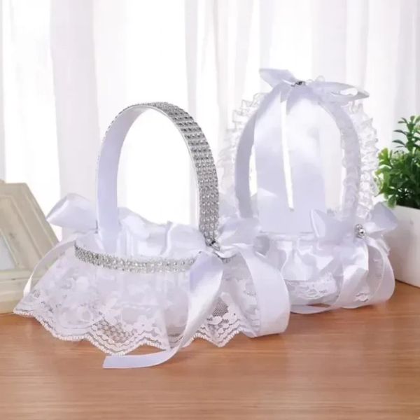 Wedding Flower Basket Lace Pearl Romântico Romestone Decoração para Casura da Cerimônia de Casamento Cesta de cesta por atacado