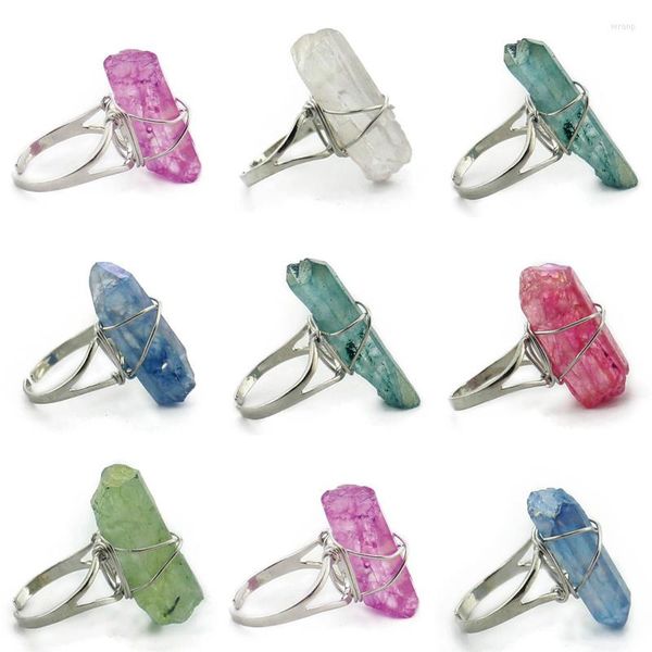 Ringos de cluster Irregular Natural Quartz Stone Wire embrulhado colorido anel de dedo do pilar de rocha de minério de minério para mulheres cura de jóias de moda