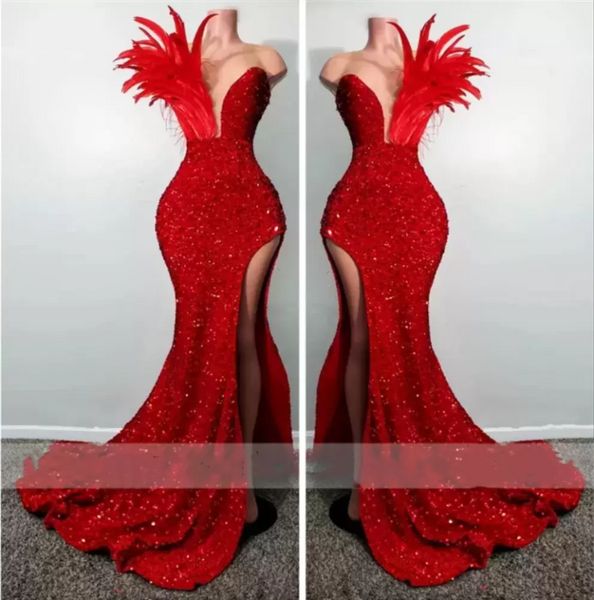 Sexy rote Pailletten-Abschlussballkleider mit Federn, hoch geteilte Meerjungfrau-Abendkleider, formelle Party-Robe De Mariee BC14331