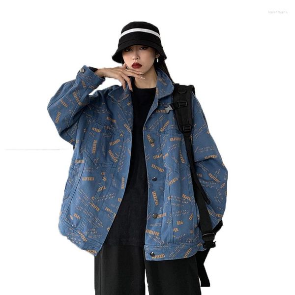 Damenjacken Schwarze Jacke Frauen Frühling Herbst Mode Koreanische Brief Drucken Hip Hop Blau Jean Weibliche Casual Lose Langarm Denim Mantel