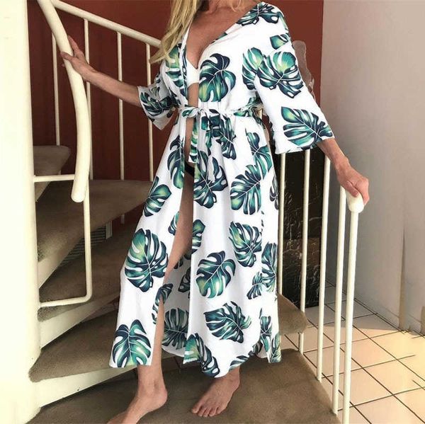 T-shirt da esterno Abito da spiaggia Cotone rayon Stampa foglia verde Camicetta da spiaggia Cardigan sexy Vacanza Protezione solare Copricostume Vestido Playa Kimono J230214