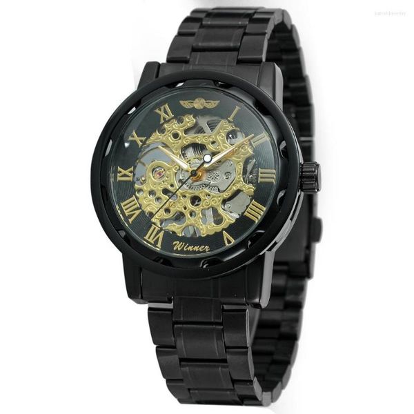 Armbanduhren Ankunft Skeleton Steampunk Schwarz Edelstahlband Mechanische Uhr Herren Business Armbanduhren Luxusuhr