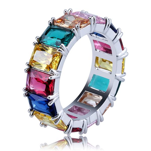 Hip Hop Casting Ringe mit seitlichen Steinen T-Quadrat-Regenbogen-Ring großer Kristallzirkon Männer Frauen Finger Hochzeitsgeschenk