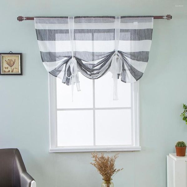 Cortina Stripe Beleza Roman Roman Kitchen Sheer Tie Up Window Balloon Sombra Voile Painel têxtil 2