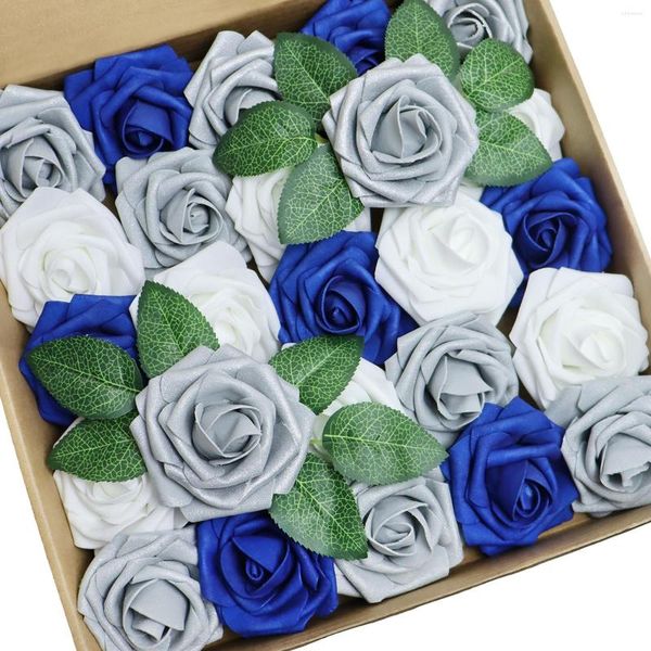 Dekorative Blumen D-Seven 25 Stück künstliche Blumen weiß/silbergrau/königsblau Rose mit Stiel für DIY Hochzeitsstrauß Blumenarrangement Baby