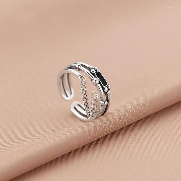 Clusterringe S925 Knuckle Geometrischer Rechteckfinger mit Kettenquaste Halboffener verstellbarer schwarzer Kleber Midi-Ring für Frauen Geschenk