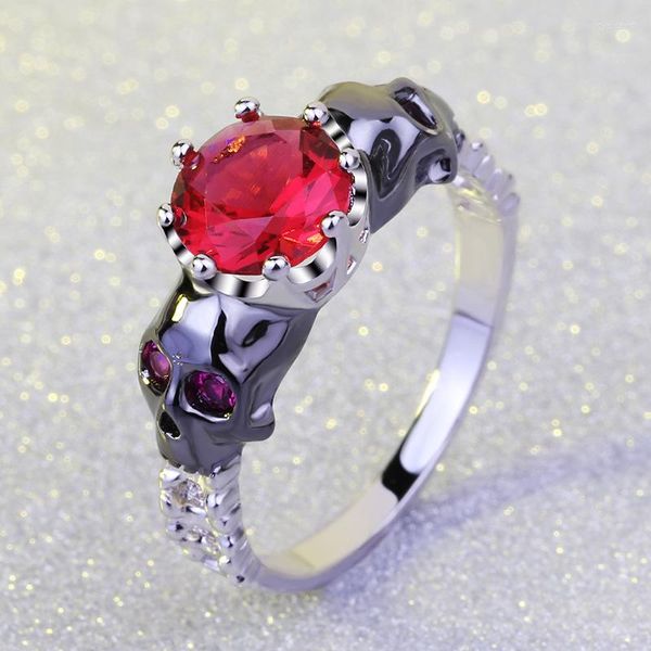 Anelli a grappolo Anello teschio in pietra di cristallo rosso femminile Moda gioielli riempiti di colore argento Matrimonio vintage per regalo di compleanno per donne/uomini