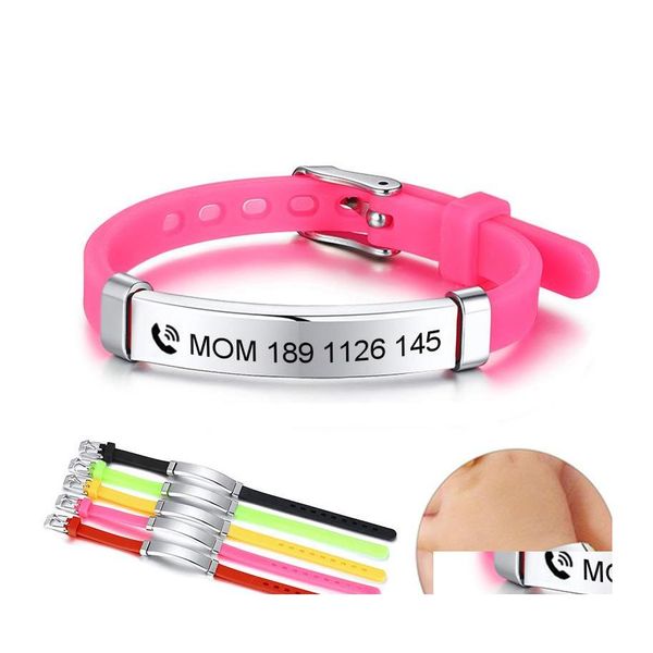 Pulseira personalize crian￧as pulseiras de beb￪ de beb￪ mole sile a￧o inoxid￡vel garotas meninos meninos personalizados nomes de telefone de emerg￪ncia entrega j dhwxd