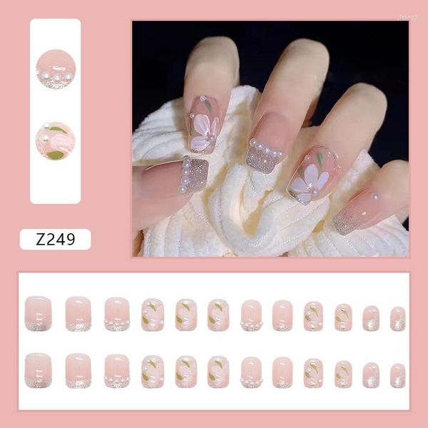 False unhas 24pcs com desenhos Flores Pearls pressionam para mulheres dicas de capa completa cola