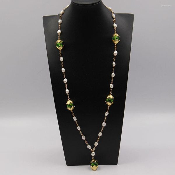 Подвесные ожерелья Guaiguai Ювелирные изделия натуральные белые барокко Keshi Gearl Green Murano Glass Glass Chain Длинное ожерелье ручной работы для женщин