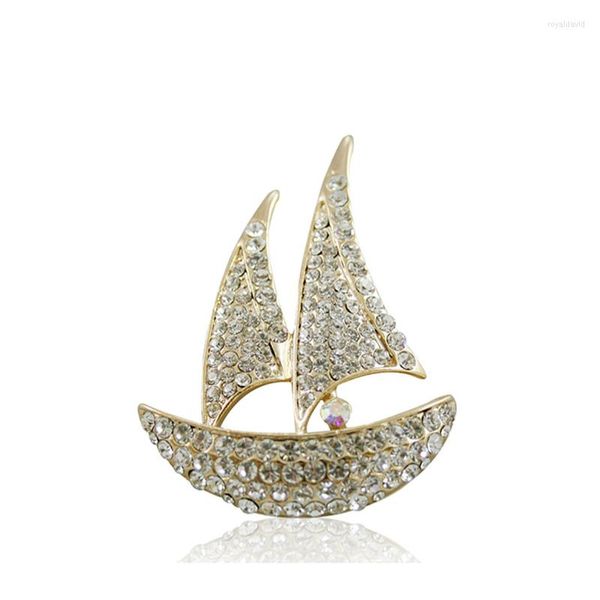 Broschen Klassische Glückssegelboot-Brosche für Damen und Herren, Anzüge, Anstecknadel, hochwertiger glänzender Kristall-Strass, Hochzeit, 18 Karat vergoldeter Schmuck