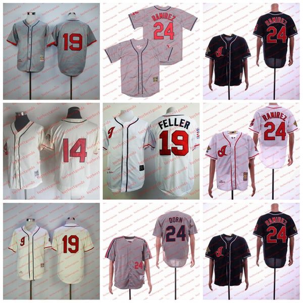 Jersey de beisebol vintage 24 Manny Ramirez Jersey 19 Bob Feller 14 Larry Doby Stitched Movie Jerseys