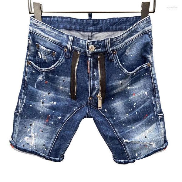 Herren Jeans Shorts Italienisches Design Light Wash Patch Paint Spot Hip Hop Slim Fit Elastische Business Hose Original Single High Naom22