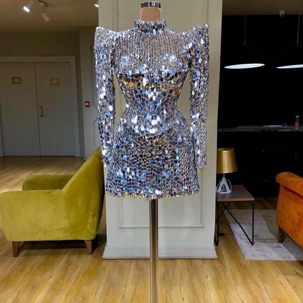 Платья для вечеринок Sparkle Silver Evening Sequin Made Pustom Full -рукав подставки для плеча vestido de curto короткое формальное платье 230214